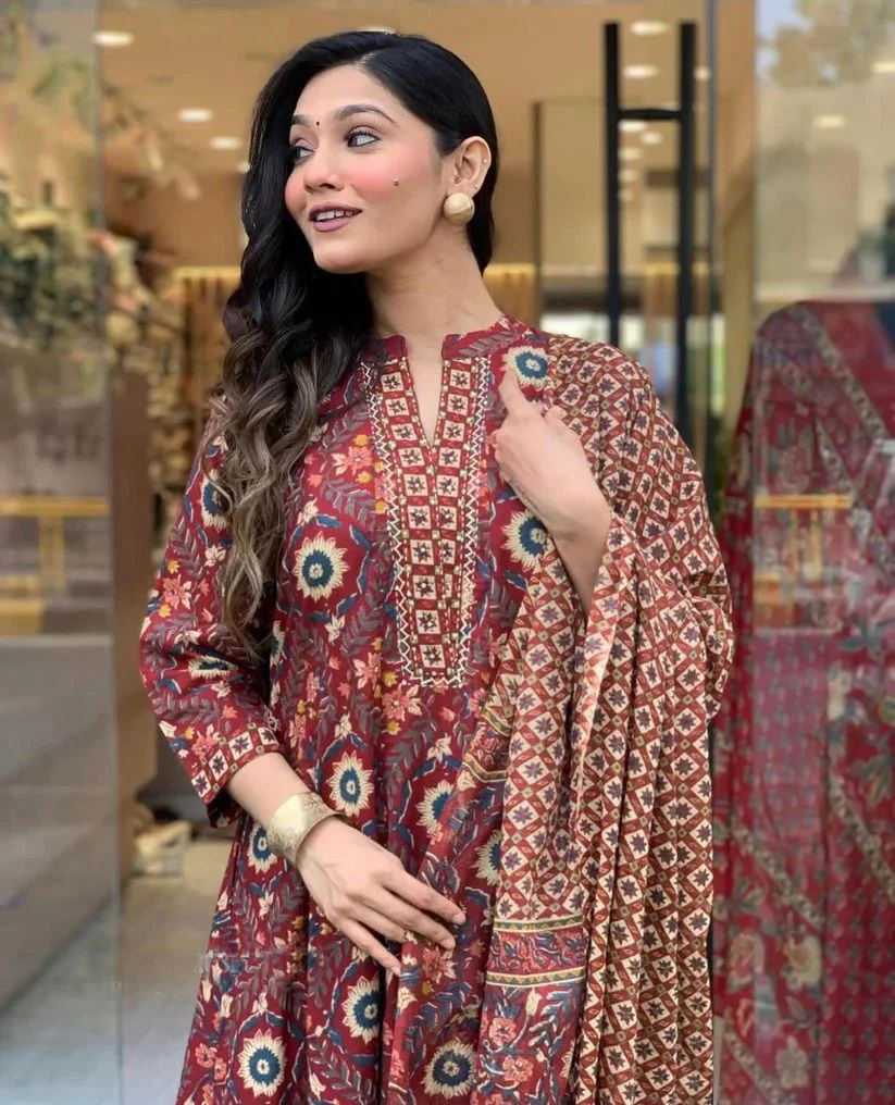 KALINI Floral Printed Mandarin Collar A-Line Kurta With Trouser And Dupatta - Image 2