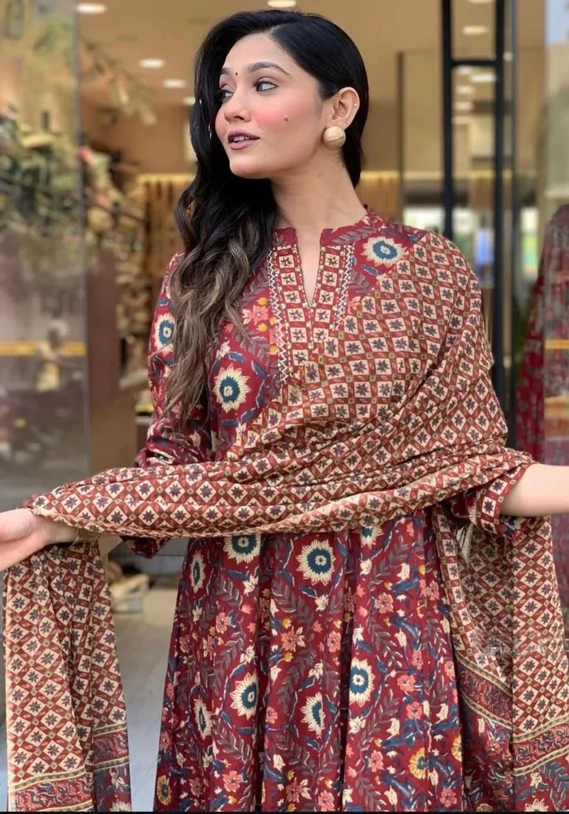 KALINI Floral Printed Mandarin Collar A-Line Kurta With Trouser And Dupatta - Image 4