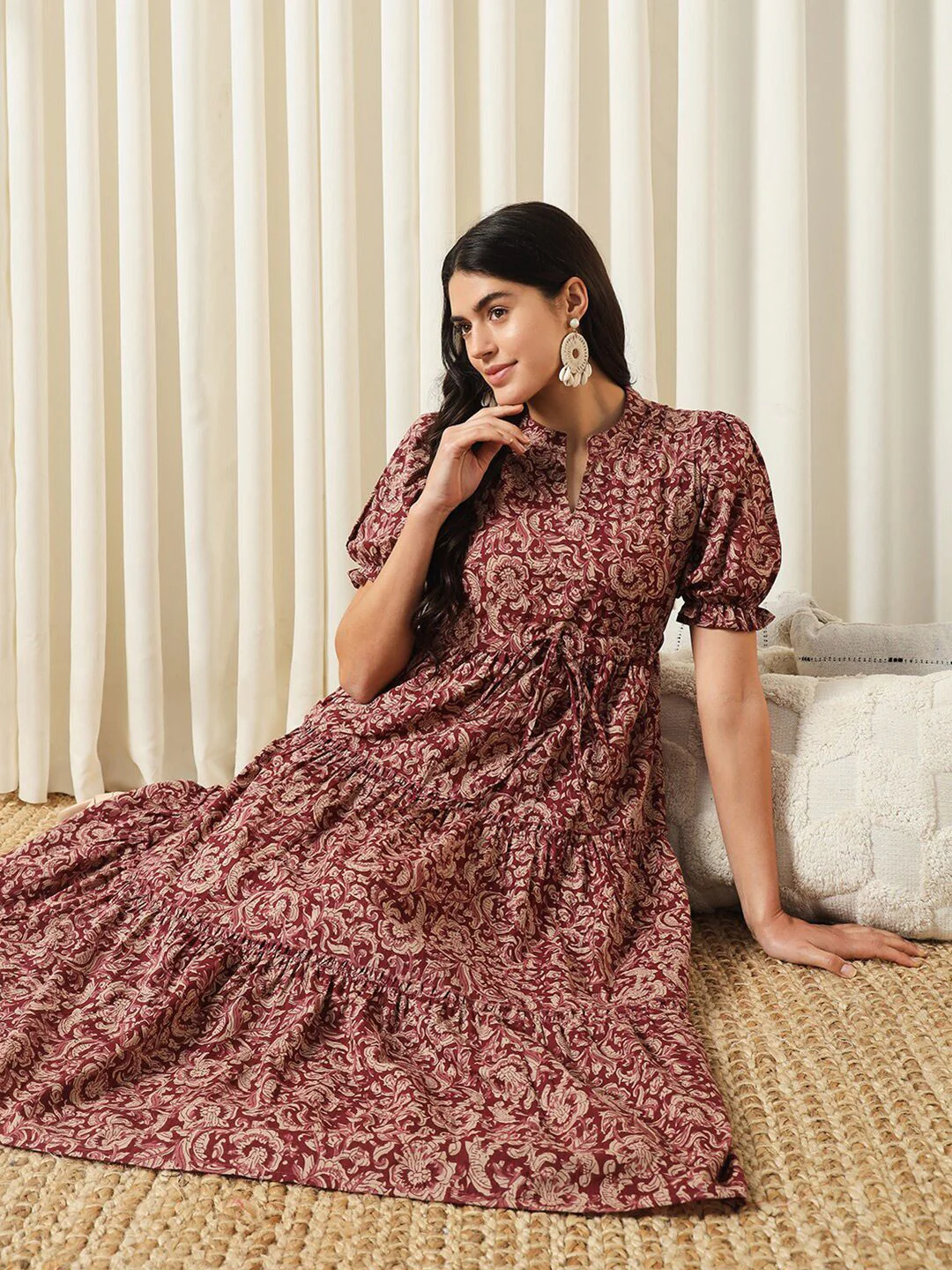 KALINI Floral Printed Mandarin Collar Puff Sleeves Cotton Fit and Flare Dress - Image 6