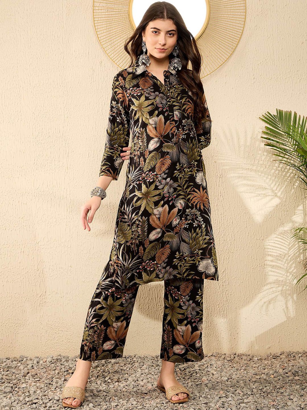 KALINI Floral Printed Mandarin Collar Straight Kurta With Trousers - Image 2