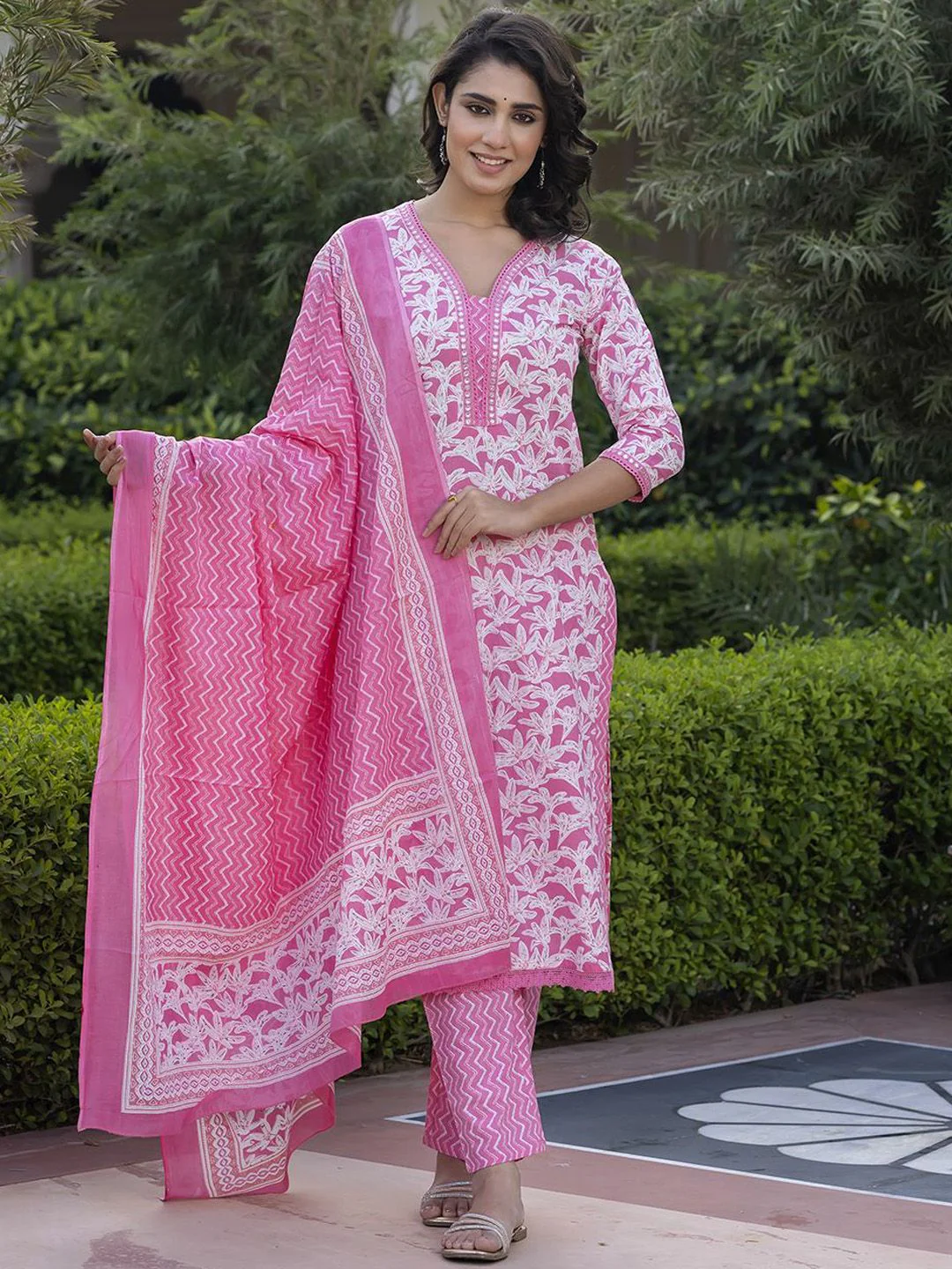 KALINI Floral Printed Mirror Work Straight Pure Cotton Kurta With Trousers & Dupatta