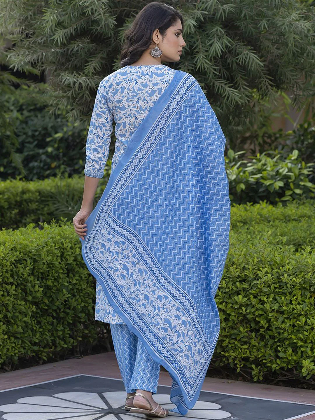 KALINI Floral Printed Mirror Work Straight Pure Cotton Kurta With Trousers & Dupatta - Image 4