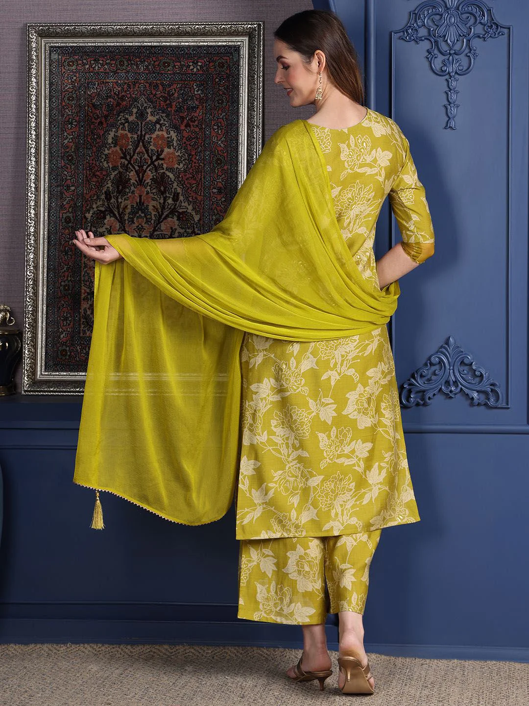 KALINI Floral Printed Notch Neck Mirror Work Straight Kurta With Palazzo & Dupatta - Image 4