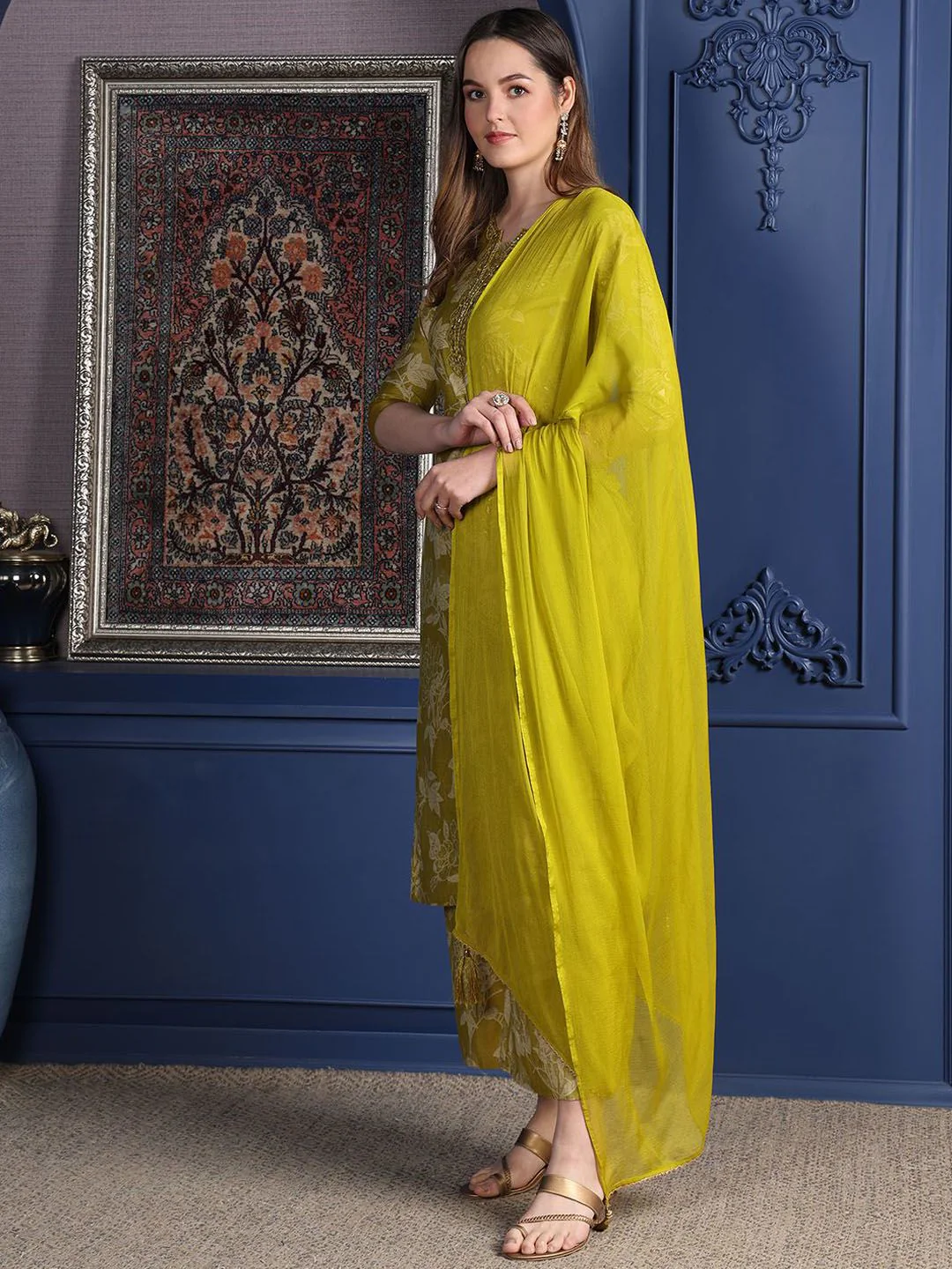 KALINI Floral Printed Notch Neck Mirror Work Straight Kurta With Palazzo & Dupatta - Image 5