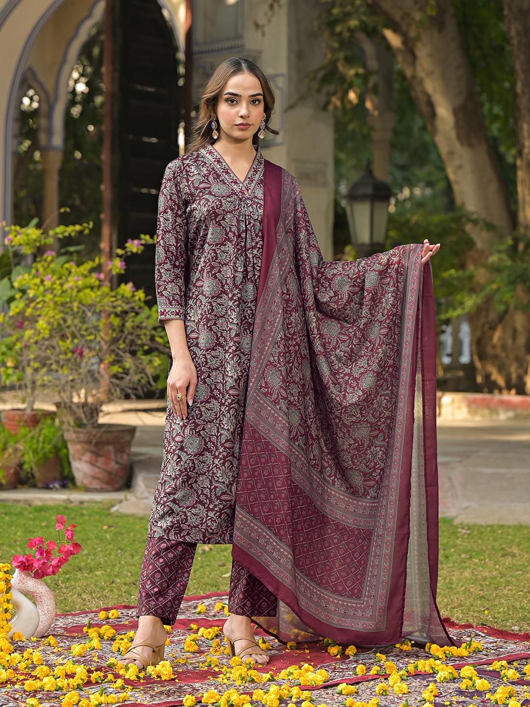 KALINI Floral Printed Pleated Kurta with Trouser & Dupatta - Image 2