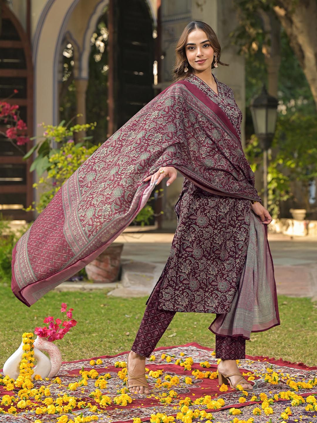KALINI Floral Printed Pleated Kurta with Trouser & Dupatta - Image 5