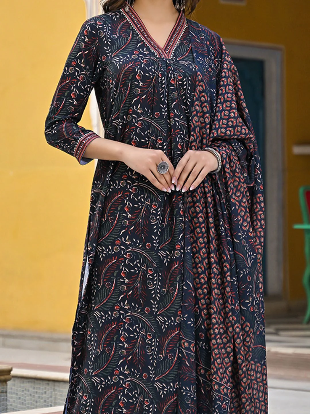 KALINI Floral Printed Pleated Straight Kurta With Trousers & Dupatta - Image 3