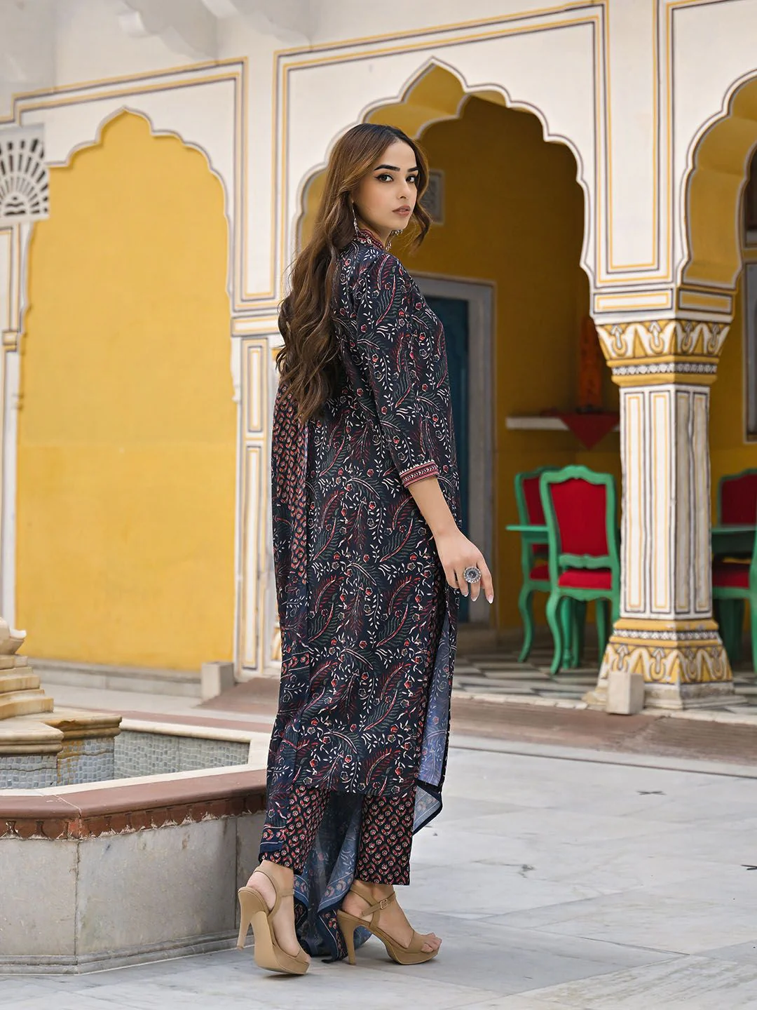 KALINI Floral Printed Pleated Straight Kurta With Trousers & Dupatta - Image 4