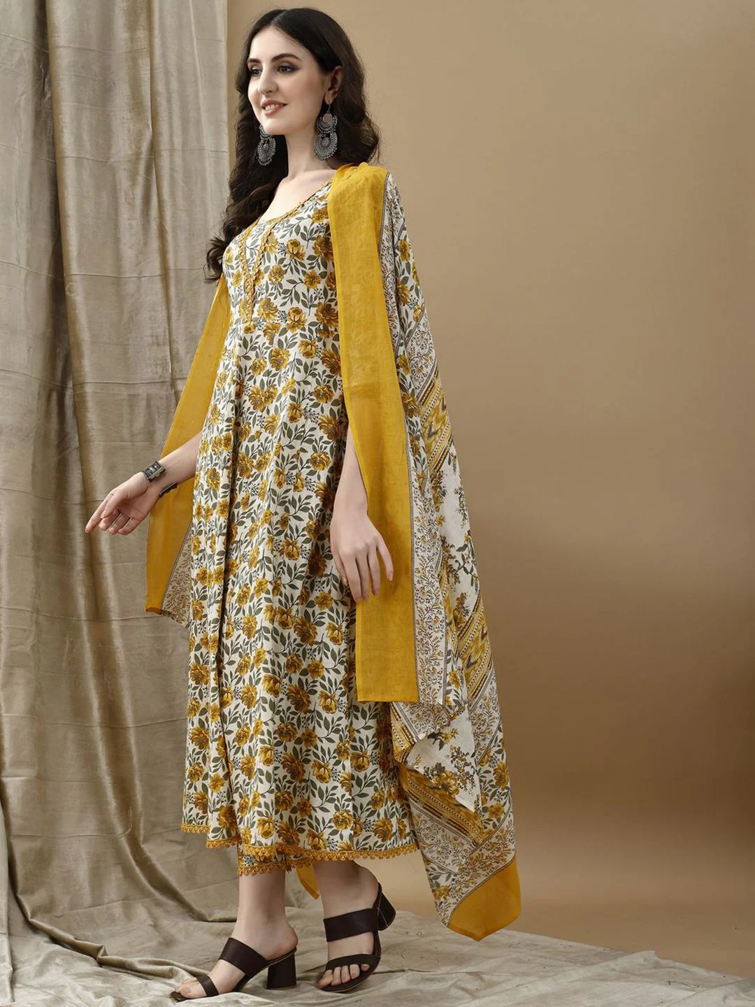 KALINI Floral Printed Pure Cotton Anarkali Kurta With Trousers & Dupatta - Image 4