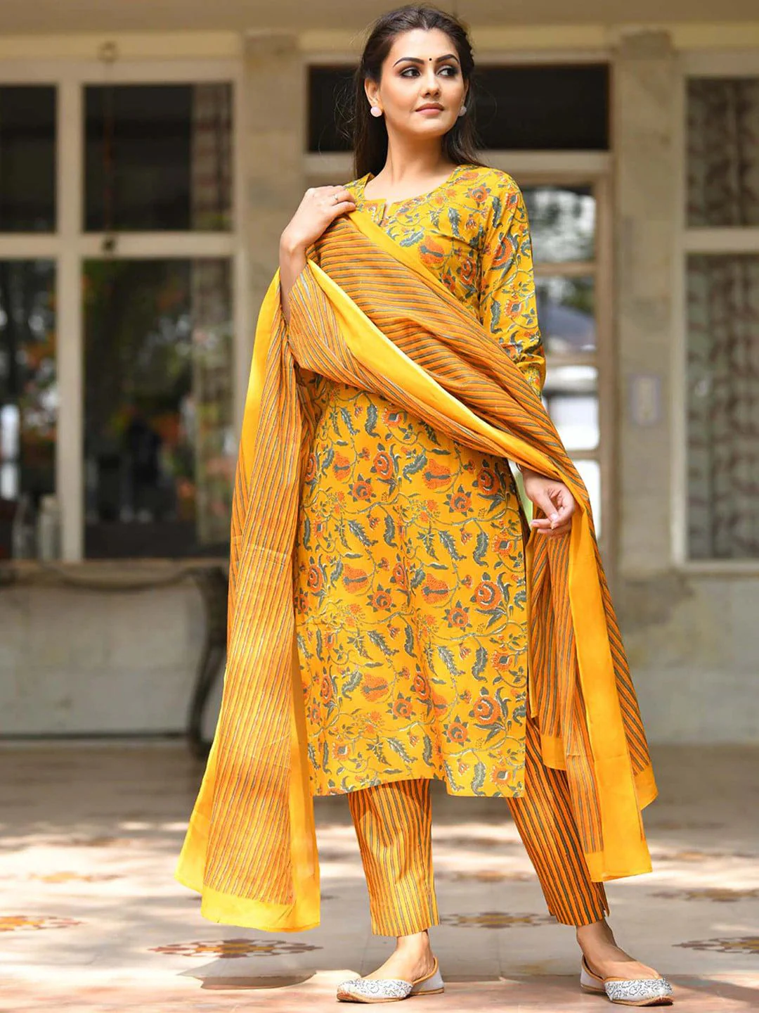 KALINI Floral Printed Pure Cotton Kurta With Trousers & Dupatta - Image 4
