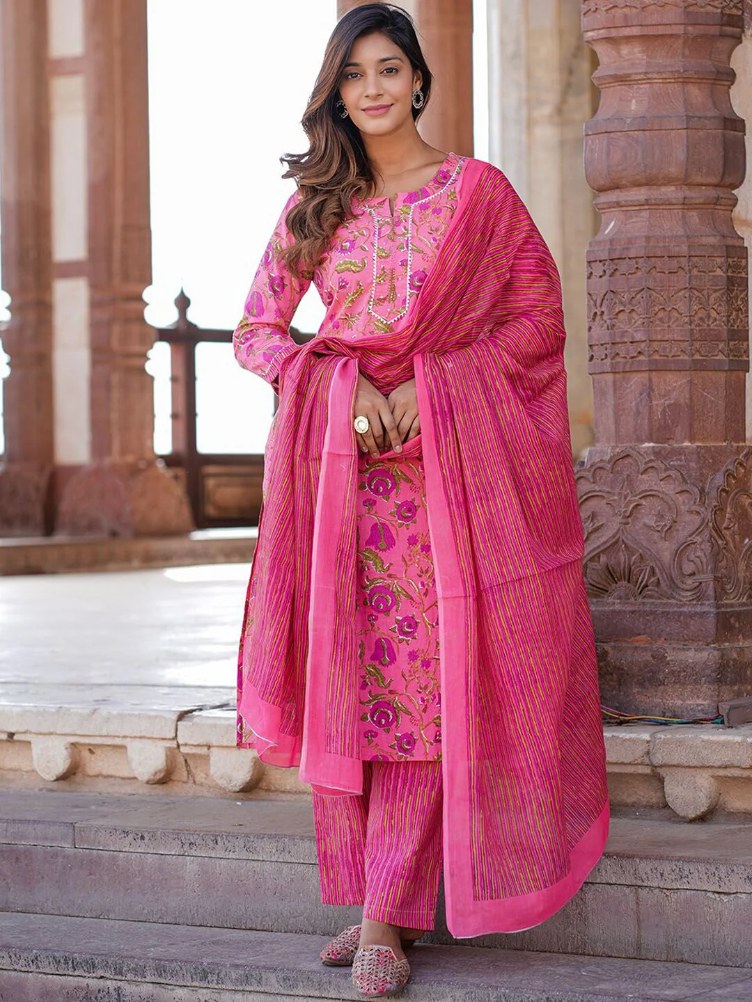 KALINI Floral Printed Pure Cotton Kurta with Trousers & With Dupatta