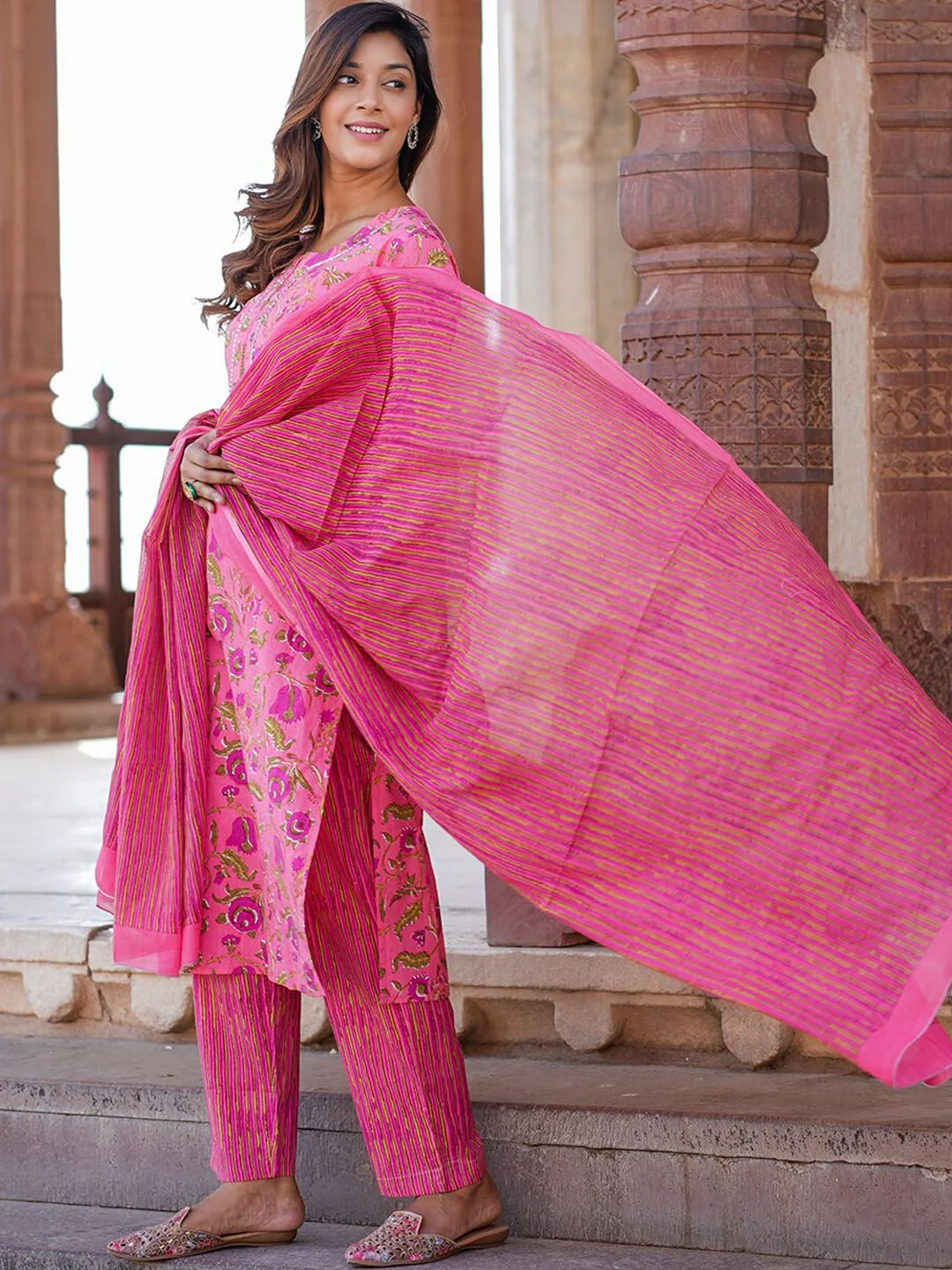KALINI Floral Printed Pure Cotton Kurta with Trousers & With Dupatta - Image 4