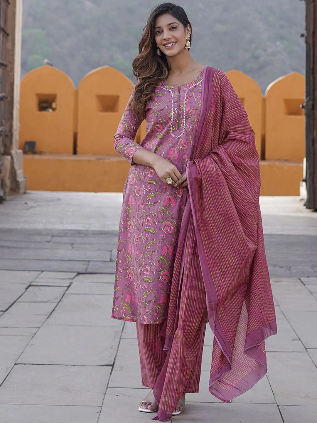 KALINI Floral Printed Pure Cotton Kurta with Trousers & With Dupatta