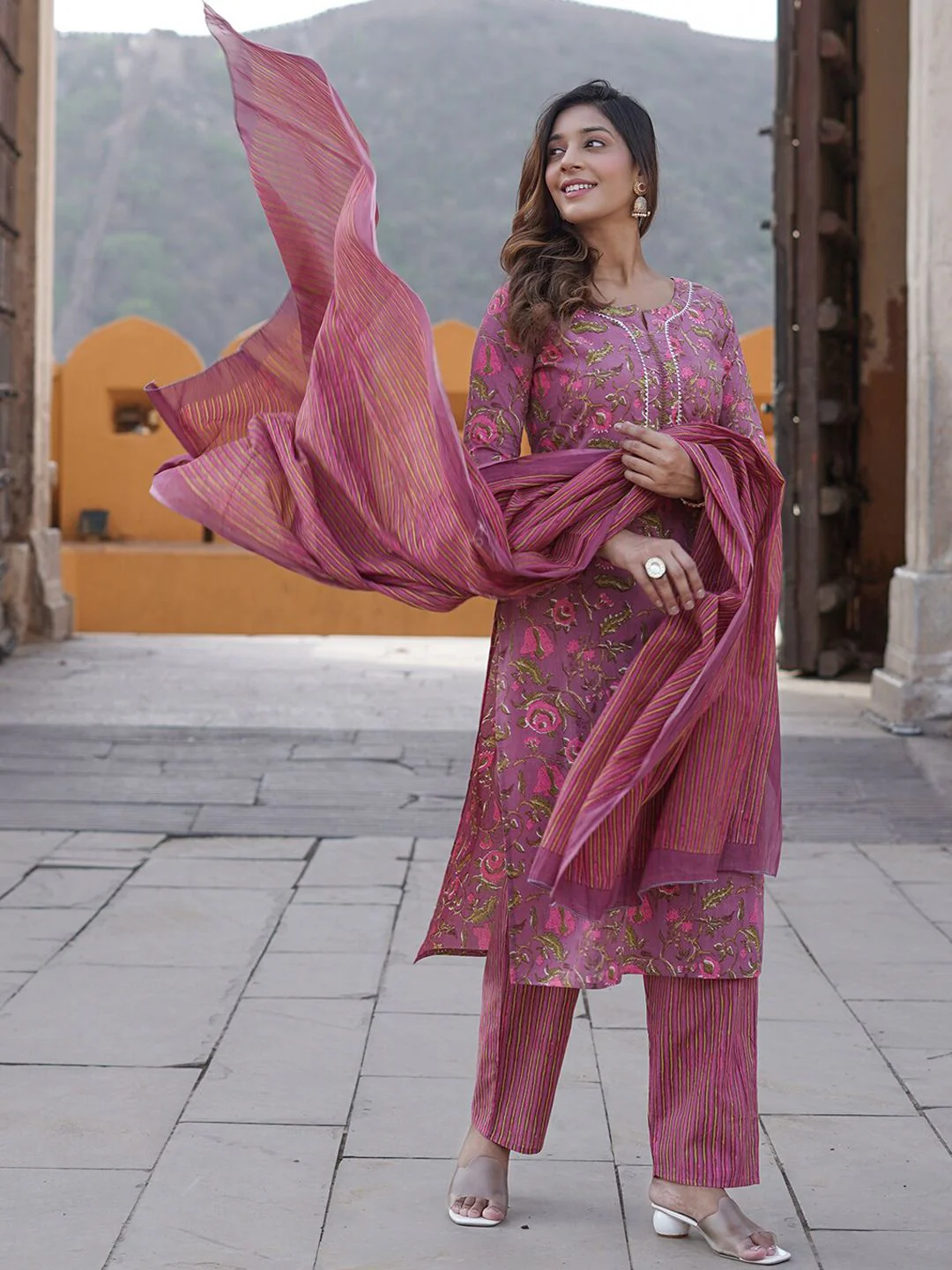 KALINI Floral Printed Pure Cotton Kurta with Trousers & With Dupatta - Image 3