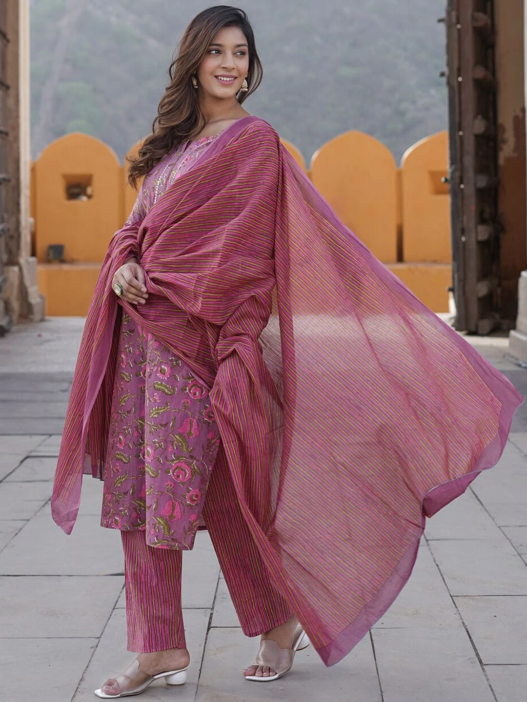 KALINI Floral Printed Pure Cotton Kurta with Trousers & With Dupatta - Image 4