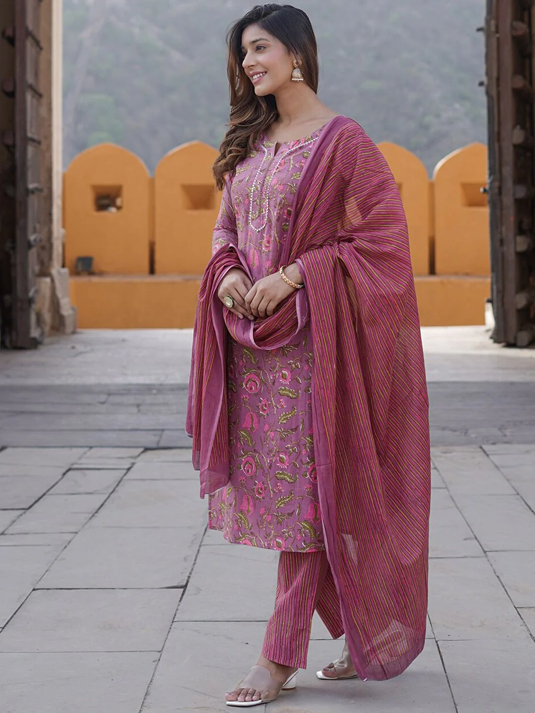 KALINI Floral Printed Pure Cotton Kurta with Trousers & With Dupatta - Image 6