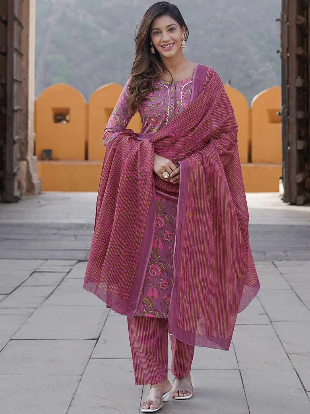 KALINI Floral Printed Pure Cotton Kurta with Trousers & With Dupatta - Image 7