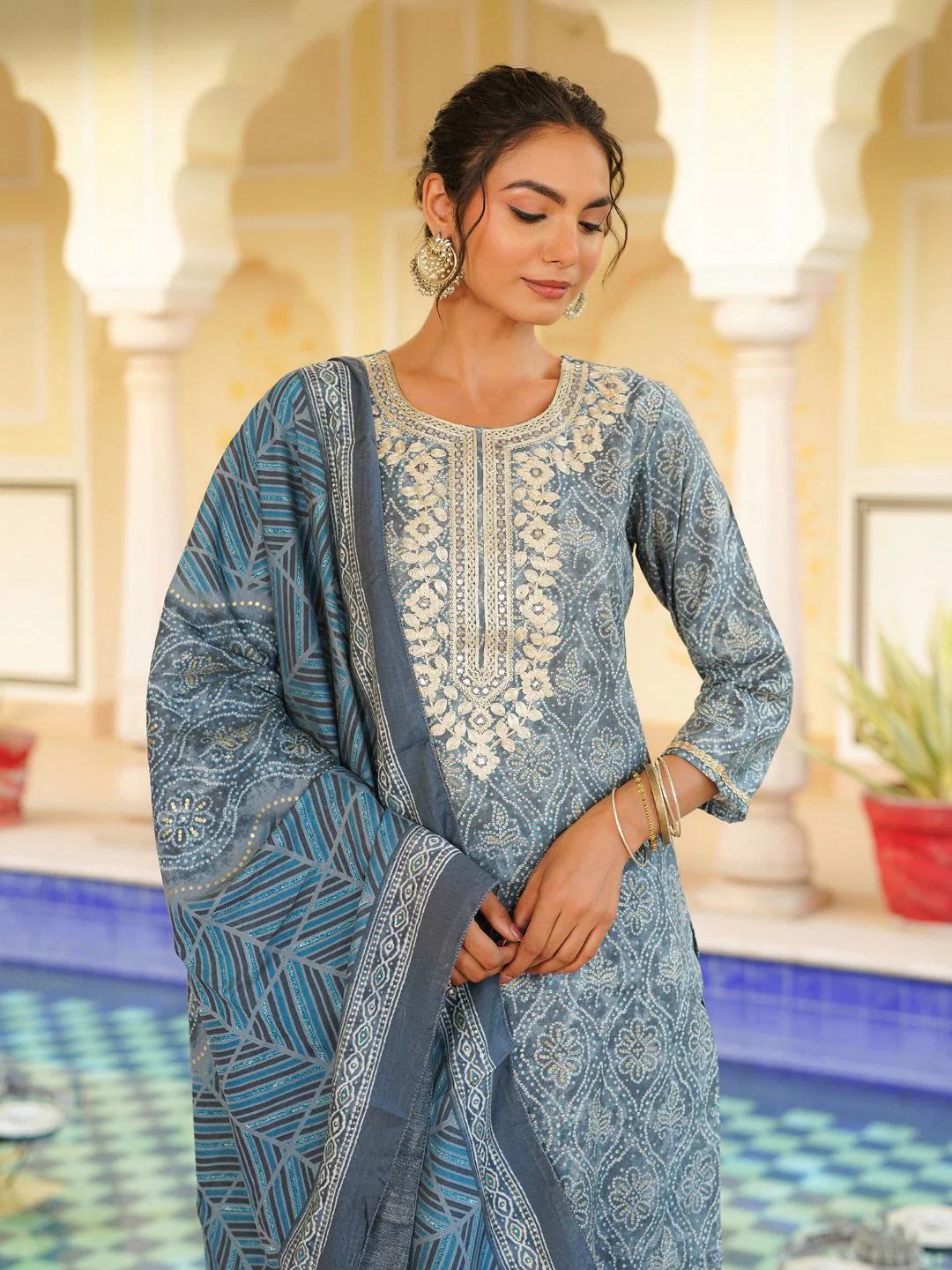 KALINI Floral Printed Regular Kurta With Trousers & Dupatta - Image 3