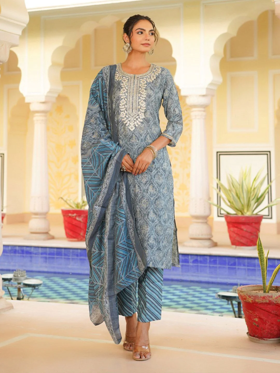 KALINI Floral Printed Regular Kurta With Trousers & Dupatta - Image 6