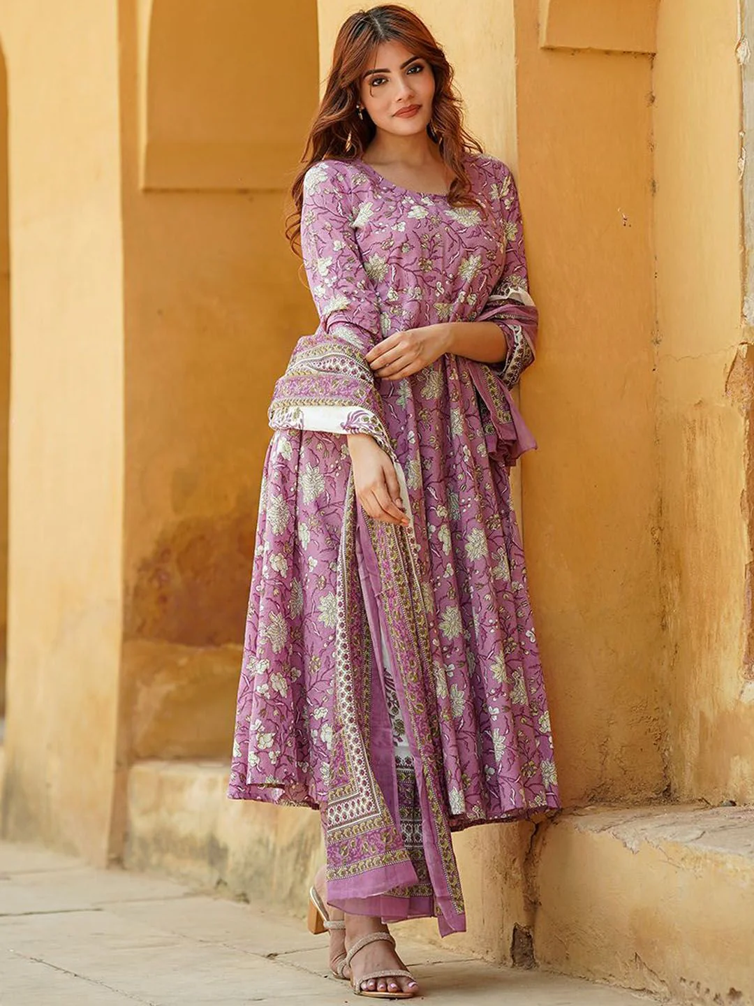 KALINI Floral Printed Regular Pure Cotton Anarkali Kurta with Trousers & Dupatta - Image 6