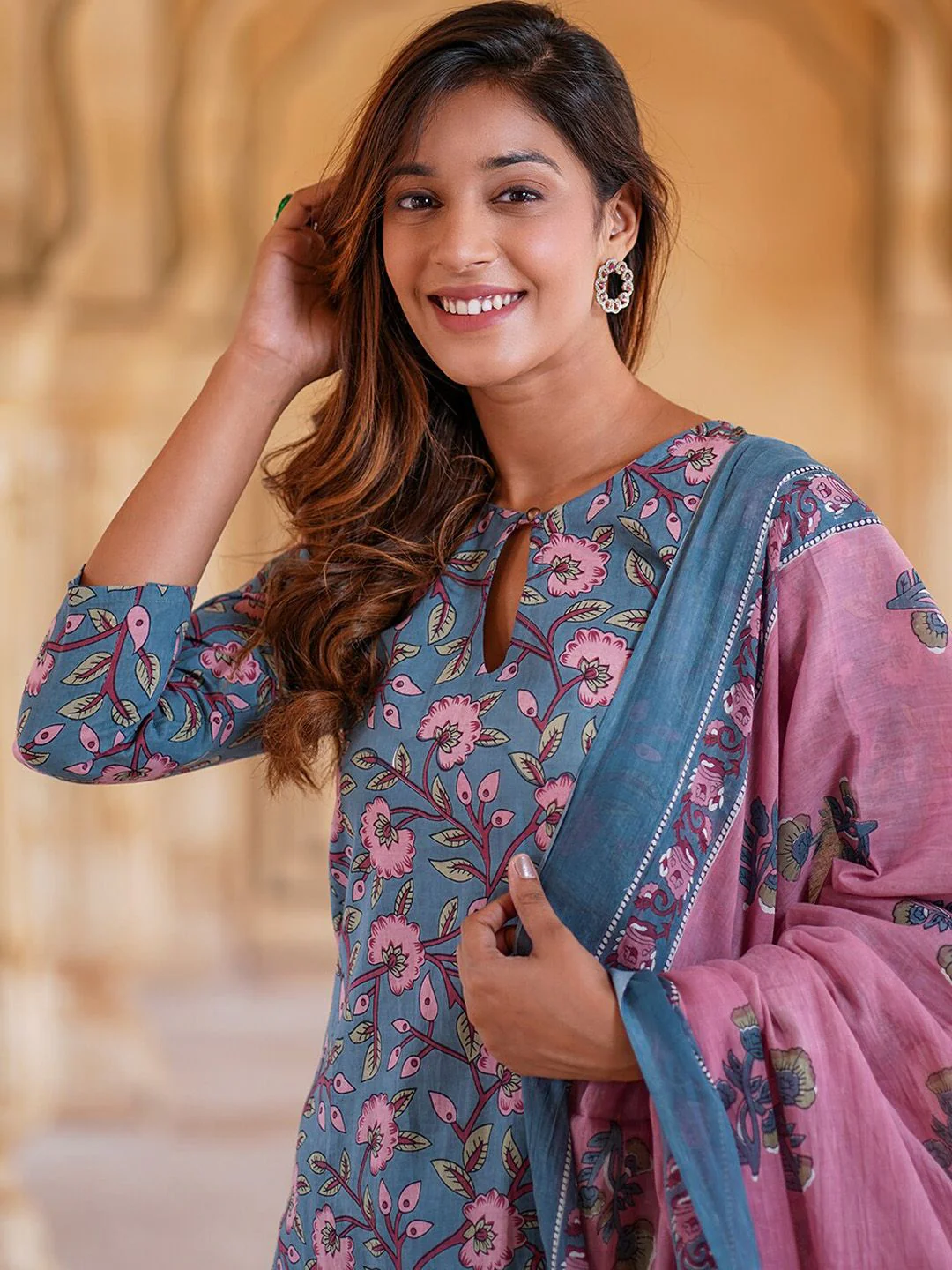 KALINI Floral Printed Regular Pure Cotton Kurta with Trousers & Dupatta - Image 2