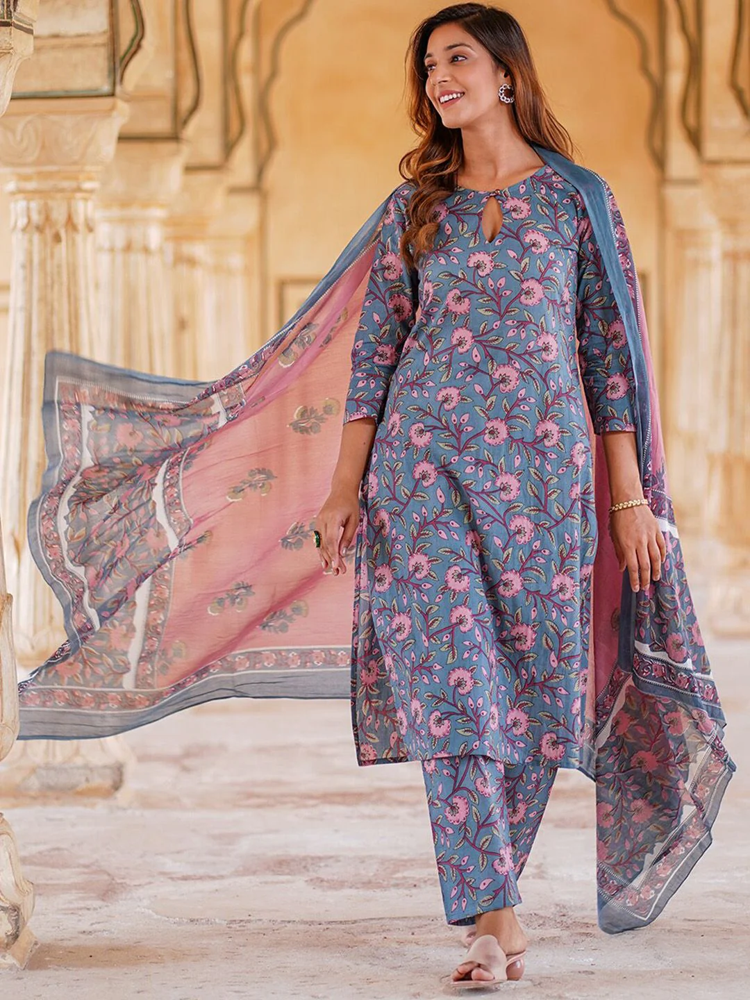 KALINI Floral Printed Regular Pure Cotton Kurta with Trousers & Dupatta - Image 3