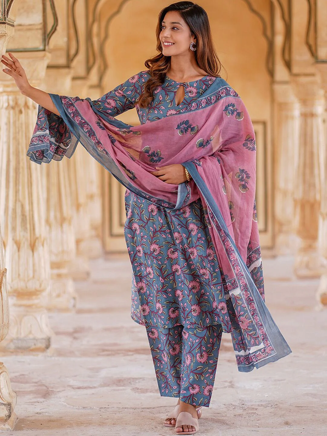 KALINI Floral Printed Regular Pure Cotton Kurta with Trousers & Dupatta - Image 5