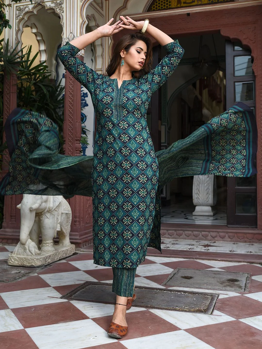 KALINI Floral Printed Regular Straight Kurta With Trousers & Dupatta - Image 6