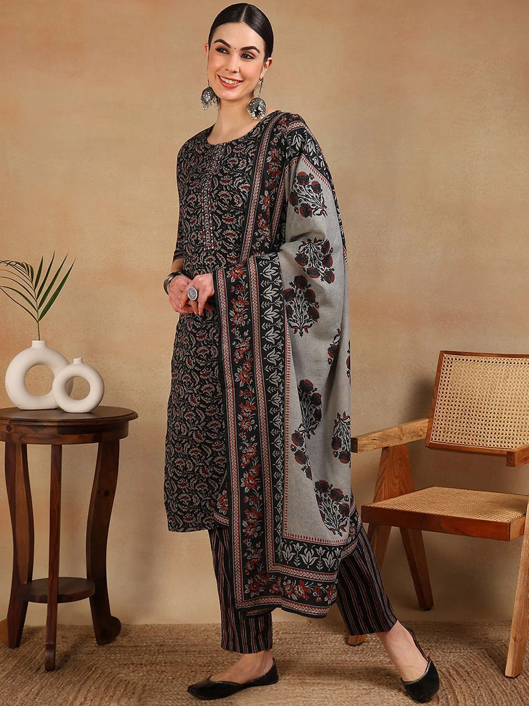 KALINI Floral Printed Regular Thread Work Kurta With Trousers & Dupatta - Image 4