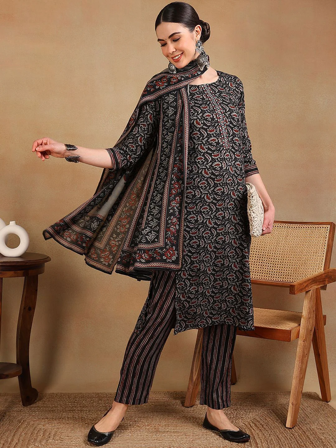 KALINI Floral Printed Regular Thread Work Kurta With Trousers & Dupatta - Image 7