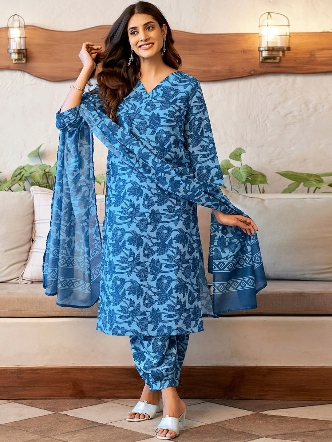 KALINI Floral Printed Regular V Neck Straight Kurta With Salwar & Dupatta - Image 4