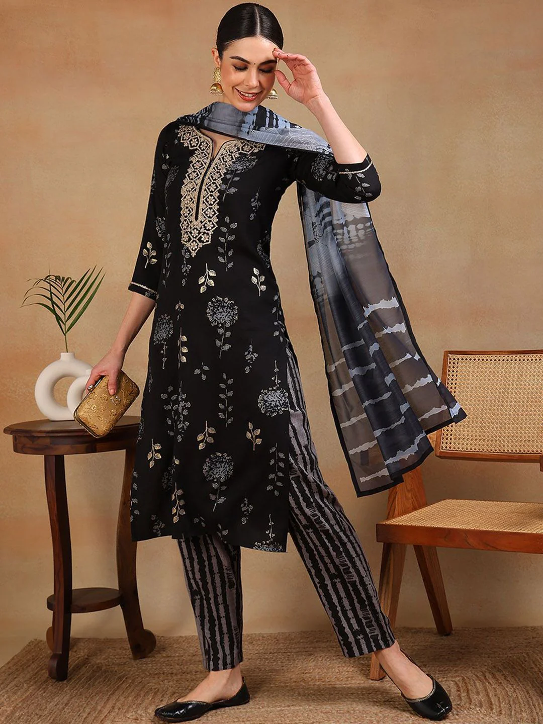 KALINI Floral Printed Regular Zari Straight Kurta with Trousers & Dupatta - Image 7