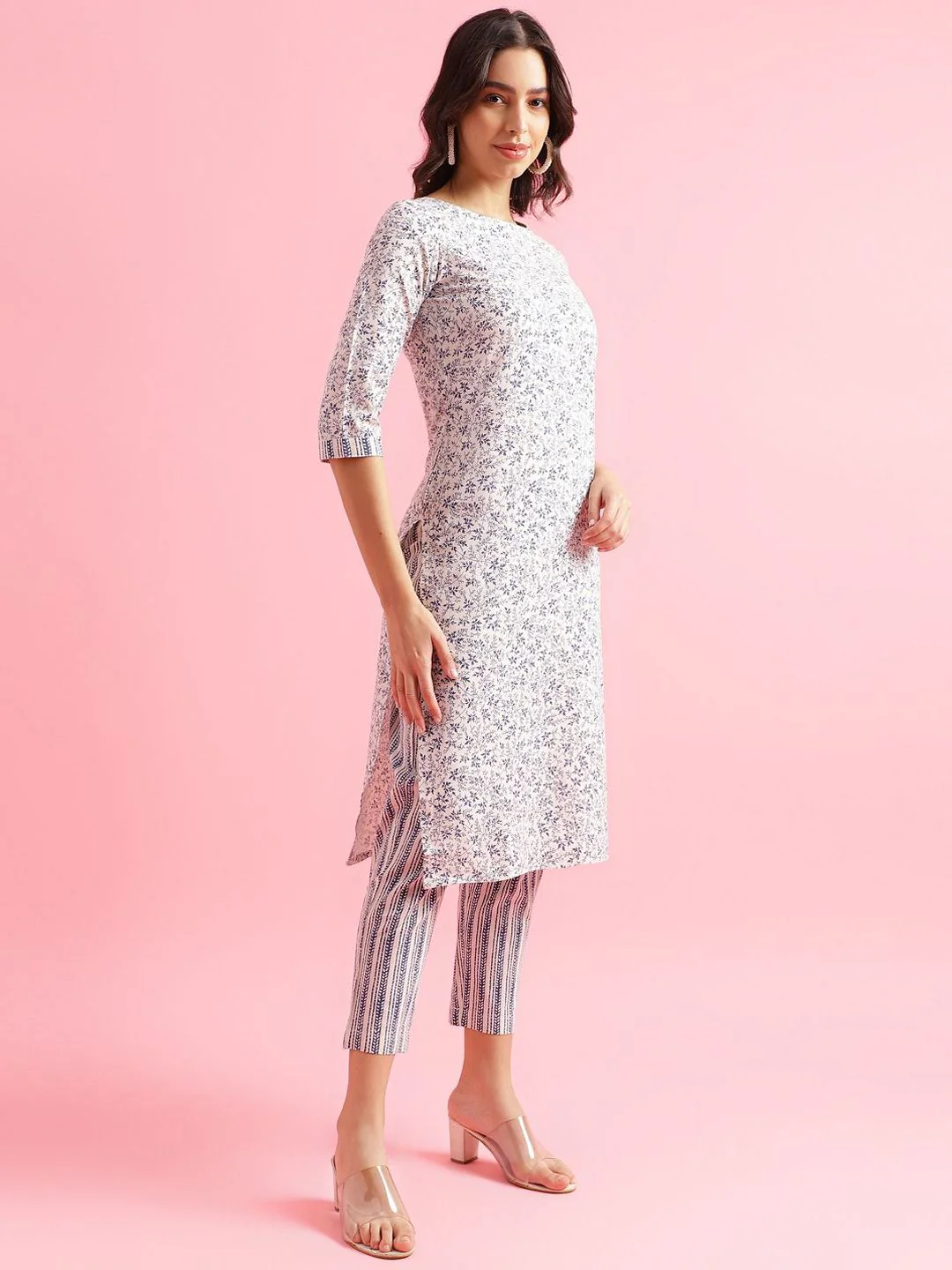 KALINI Floral Printed Round Neck Three Qaurter Sleeves Straight Kurta With Trousers - Image 3