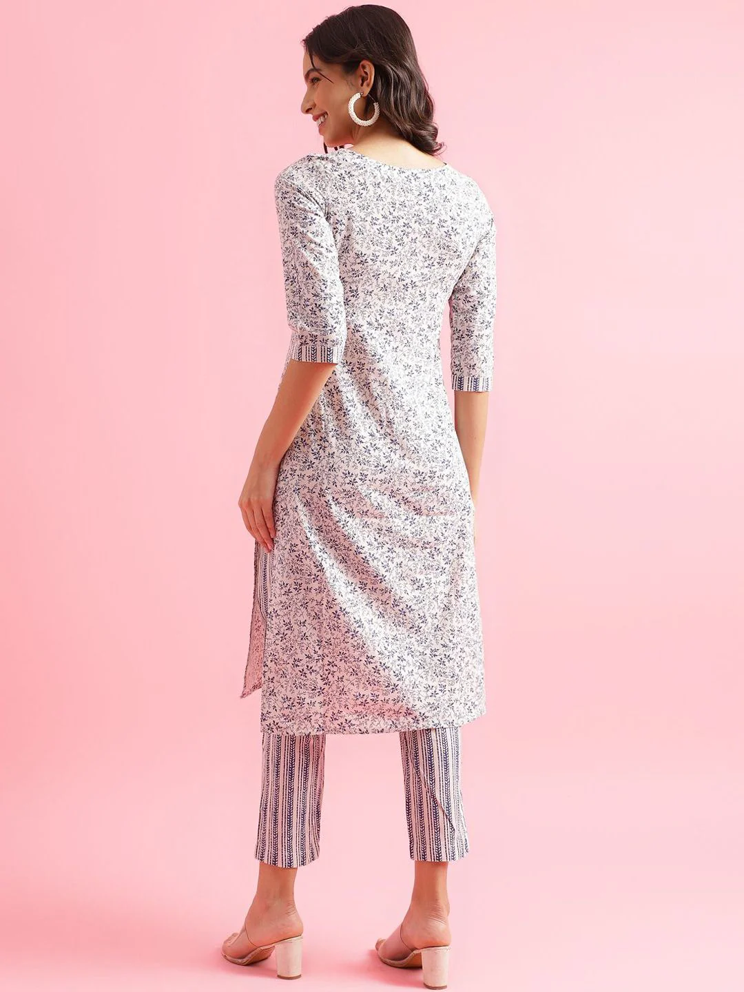 KALINI Floral Printed Round Neck Three Qaurter Sleeves Straight Kurta With Trousers - Image 4