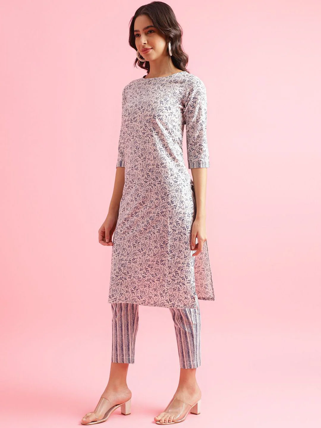 KALINI Floral Printed Round Neck Three Qaurter Sleeves Straight Kurta With Trousers - Image 5