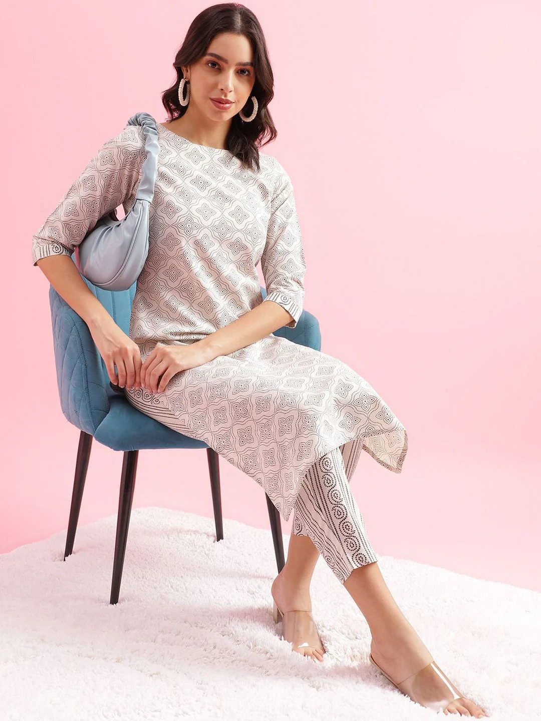 KALINI Floral Printed Round Neck Three Quarter Sleeves Straight Kurta With Trousers