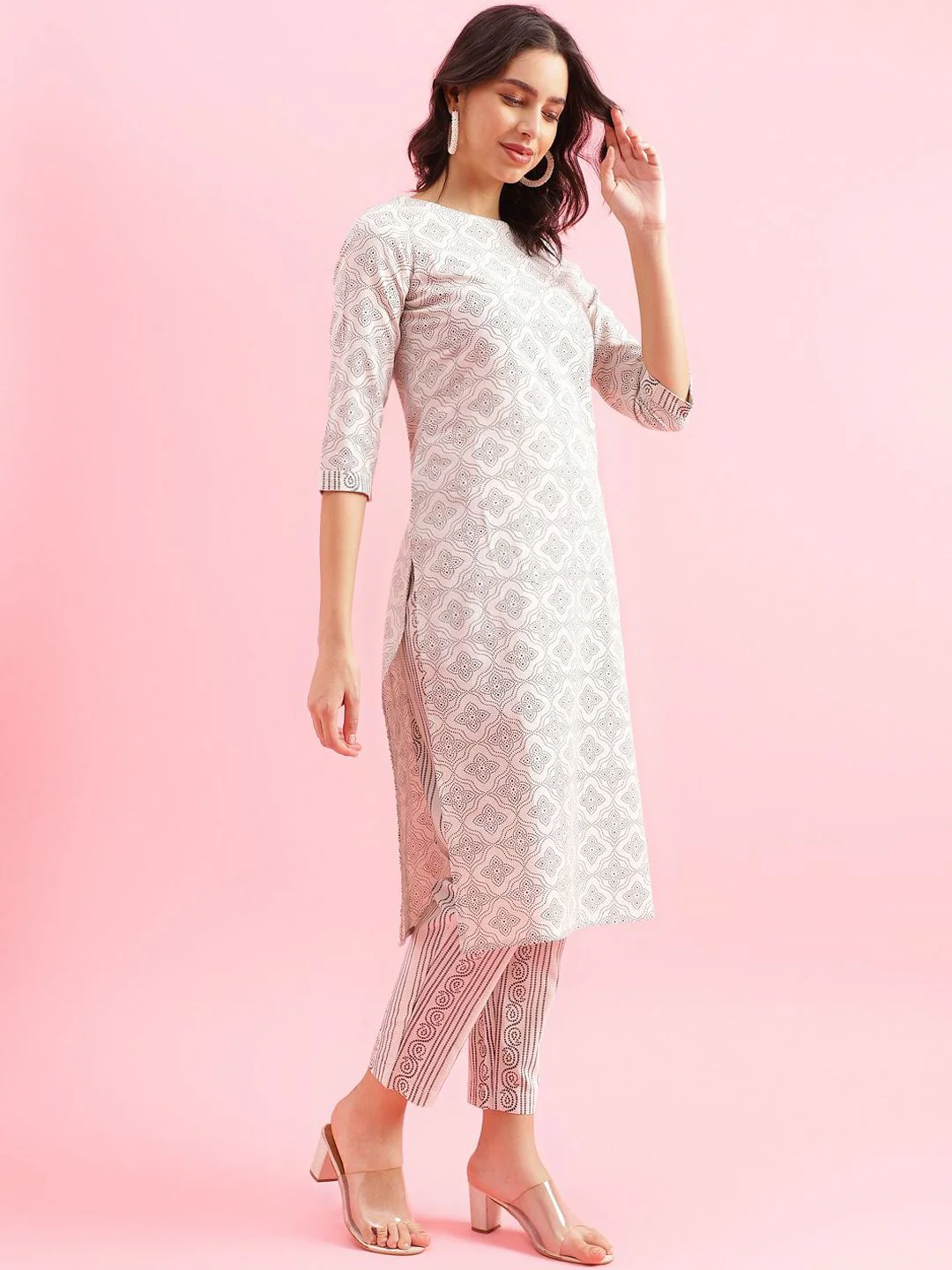 KALINI Floral Printed Round Neck Three Quarter Sleeves Straight Kurta With Trousers - Image 4