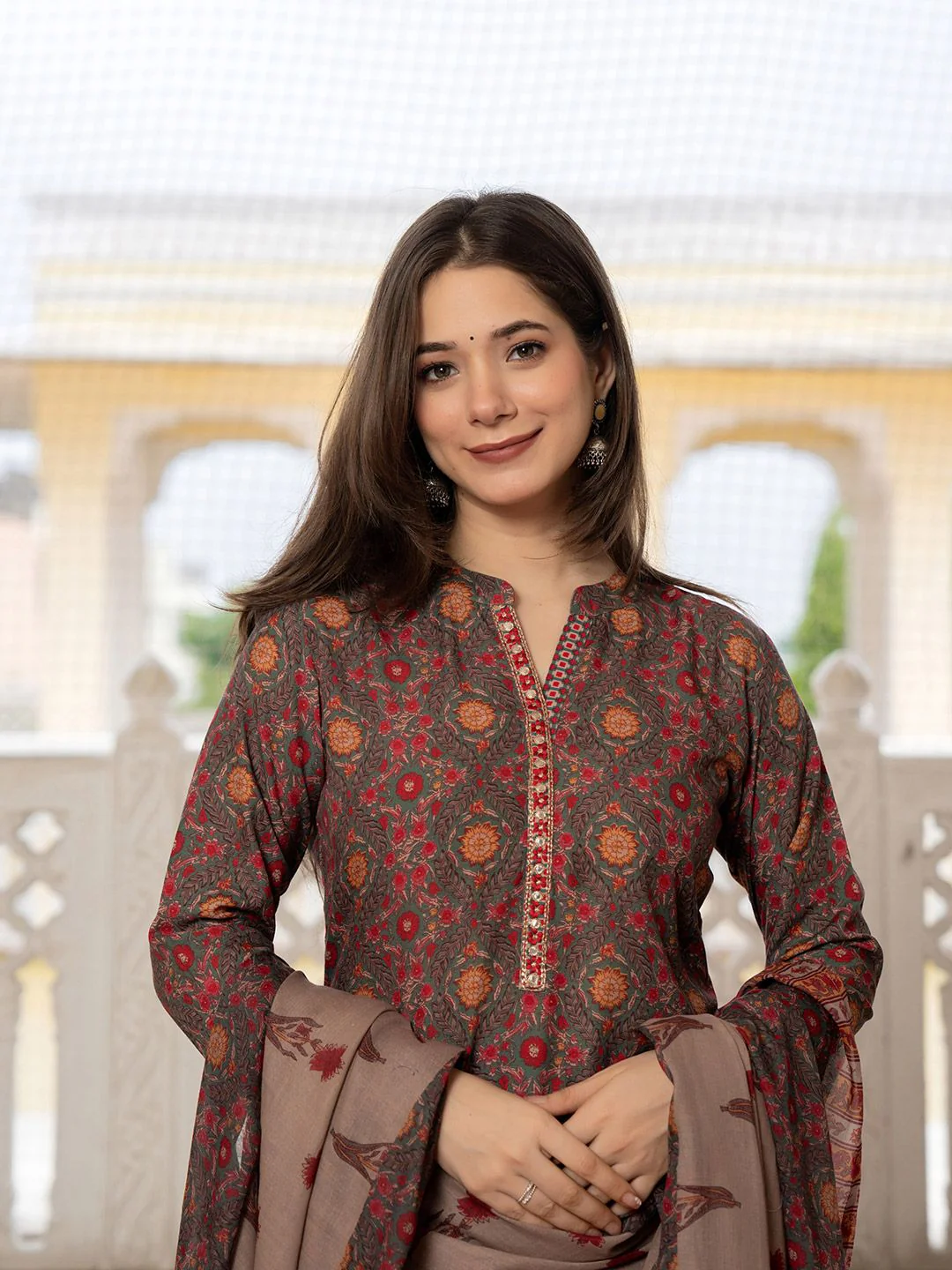 KALINI Floral Printed Sequinned Straight Kurta With Trousers & Dupatta - Image 3