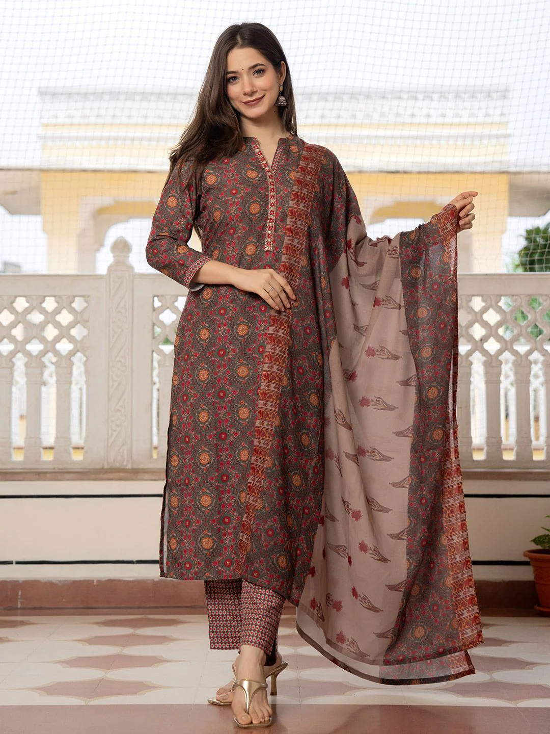 KALINI Floral Printed Sequinned Straight Kurta With Trousers & Dupatta - Image 4