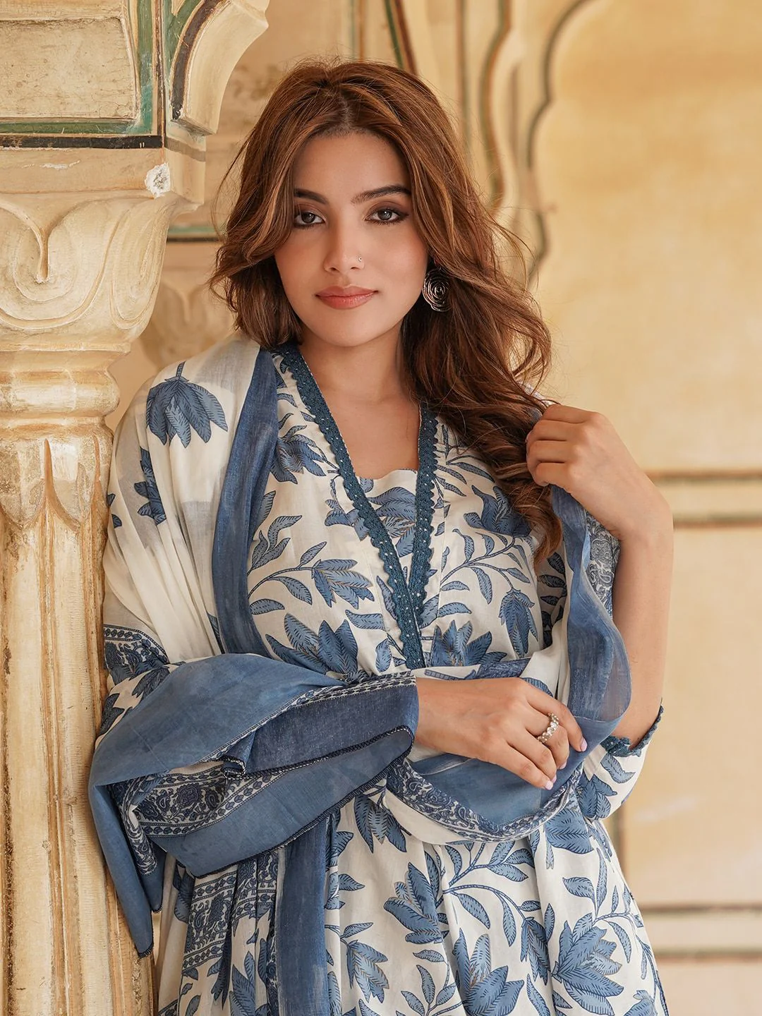 KALINI Floral Printed Square Neck Pure Cotton Anarkali Kurta with Trousers & Dupatta - Image 2