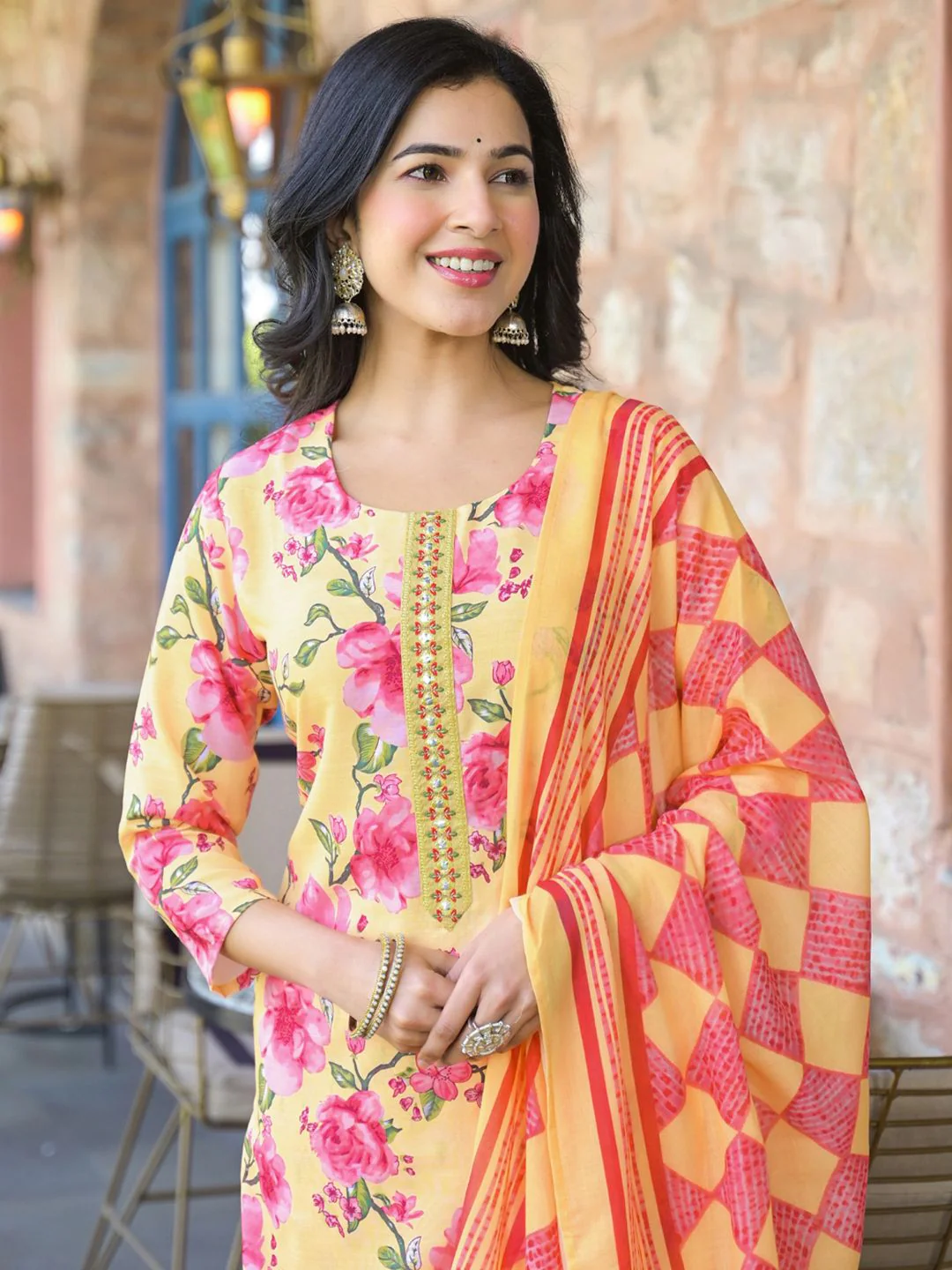 KALINI Floral Printed Straight Kurta With Trouser And Dupatta