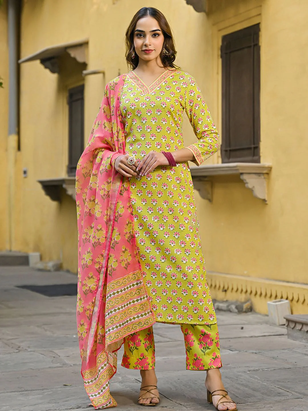 KALINI Floral Printed Straight Kurta with Trousers & Dupatta - Image 2