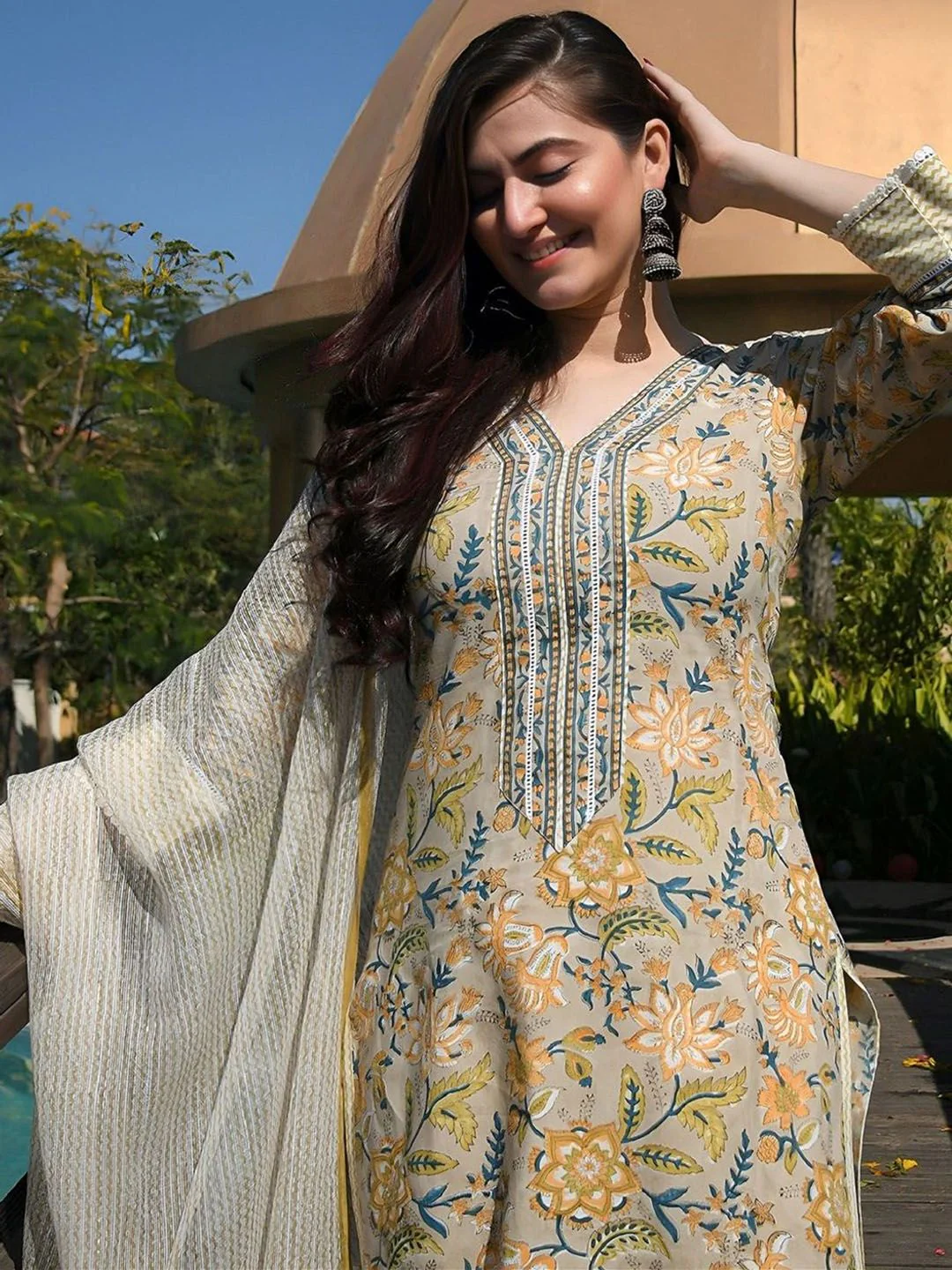 KALINI Floral Printed Straight Kurta With Trousers & Dupatta - Image 2