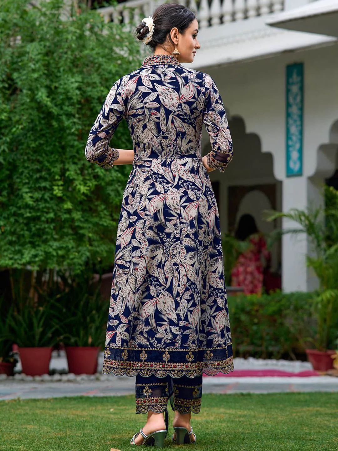 KALINI Floral Printed Thread Work Anarkali Kurta With Palazzos & Dupatta - Image 5