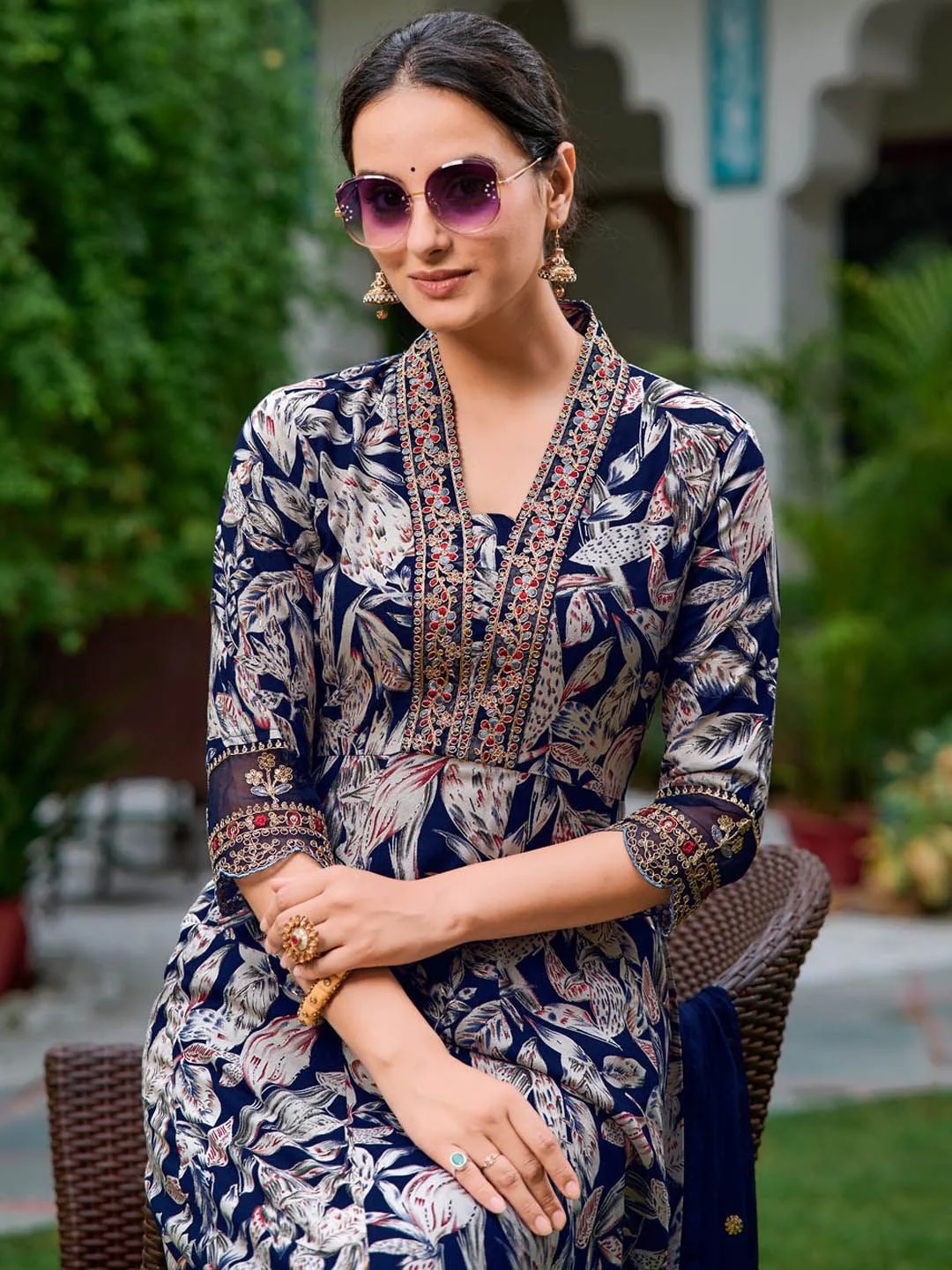 KALINI Floral Printed Thread Work Anarkali Kurta With Palazzos & Dupatta - Image 6