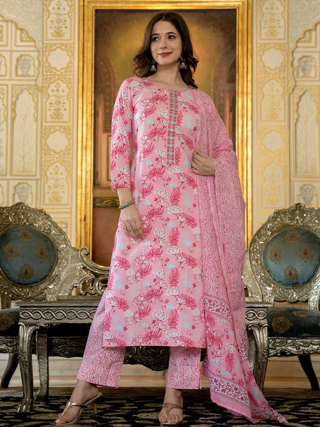 KALINI Floral Printed Thread Work Straight Kurta with Trousers & Dupatta - Image 3