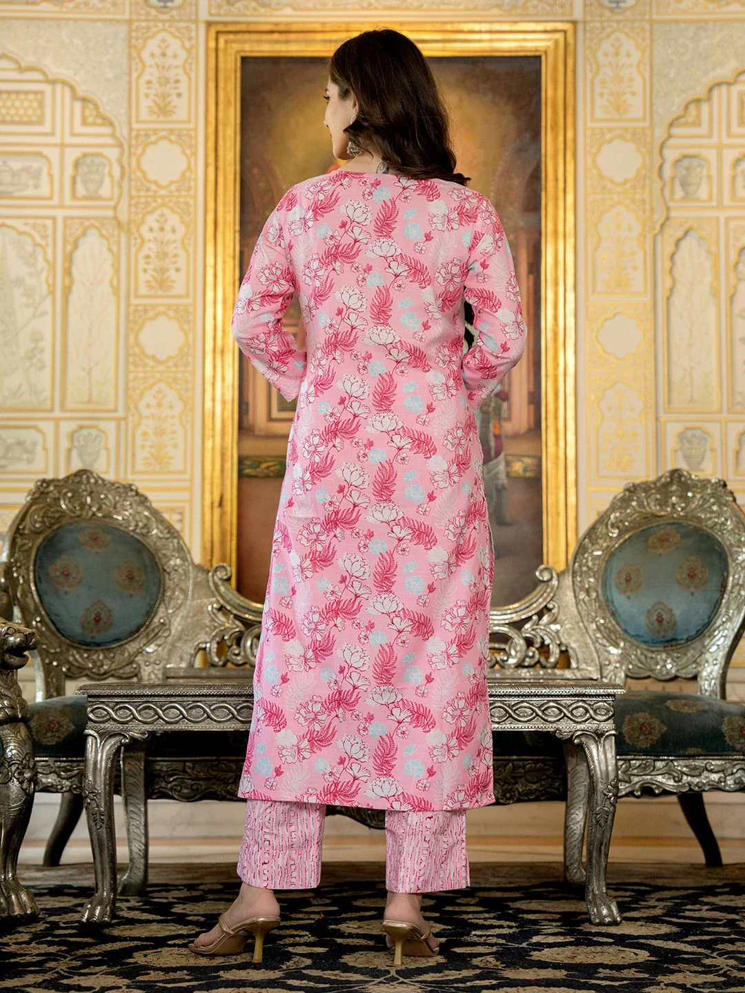 KALINI Floral Printed Thread Work Straight Kurta with Trousers & Dupatta - Image 4