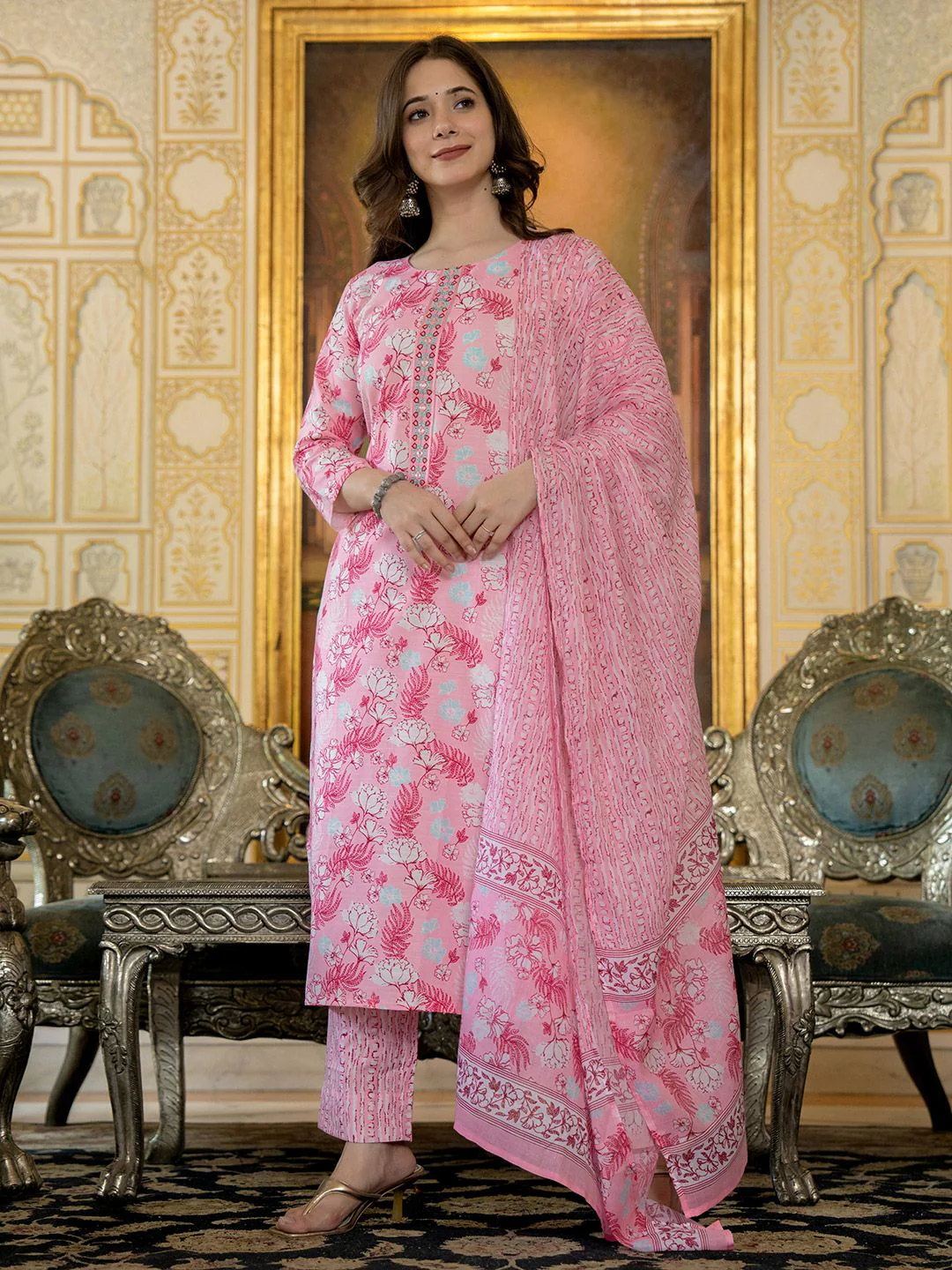 KALINI Floral Printed Thread Work Straight Kurta with Trousers & Dupatta - Image 7