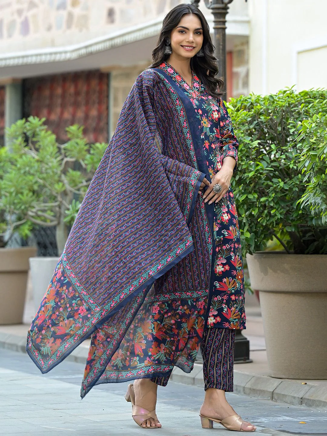 KALINI Floral Printed Thread Work Straight Kurta With Trousers & Dupatta - Image 3