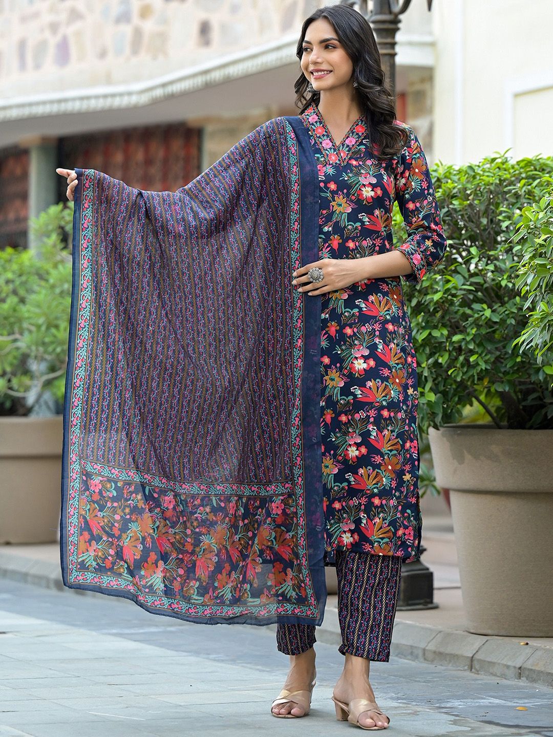 KALINI Floral Printed Thread Work Straight Kurta With Trousers & Dupatta - Image 4